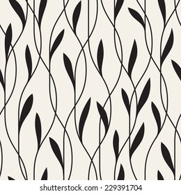 Vector seamless pattern. Floral stylish background. Elegant monochrome branches with narrow thin leaves