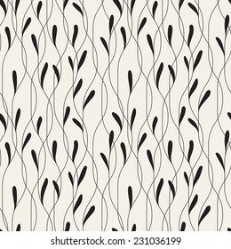 Vector seamless pattern. Floral stylish background. Elegant monochrome branches with narrow thin leaves