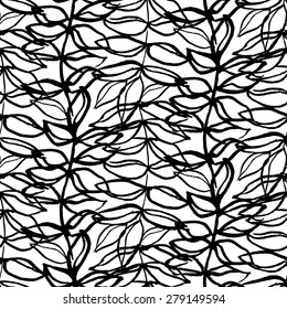 Vector seamless pattern. Floral stylish background. Elegant hand drawn watercolor print with branches with leaves in black and white colors
