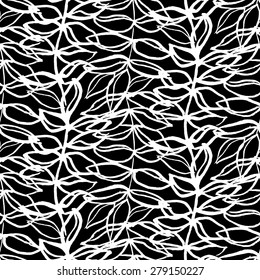 Vector seamless pattern. Floral stylish background. Elegant hand drawn watercolor print with branches with leaves in black and white