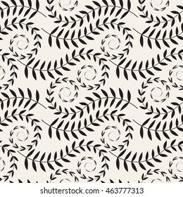 Vector seamless pattern. Floral stylish background. Monochrome spiral leaves.