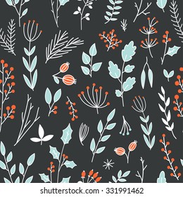 Vector seamless pattern, floral texture with hand drawn flowers and plants. Floral ornament. Original floral background.