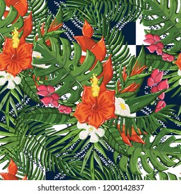 Vector seamless pattern with floral tropical flovers and leaves elements.Endless texture for season spring design.