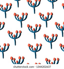 Vector seamless pattern. Floral umbrella, red flowers, blue stem, white background. Drawing by hand. For banners, posters, cards, backgrounds, wallpapers, wrapping paper. Texture and print for fabrics