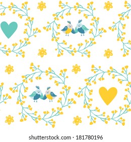 Vector seamless pattern with floral wreathes, hearts and cute smiling birds on the white background