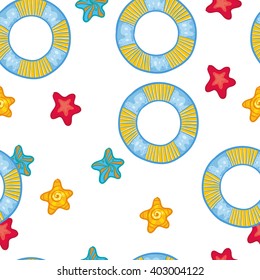 Vector seamless pattern with  flotation ring and sea stars. Vacation kids cute pattern with cute things. Summer pattern on white background.