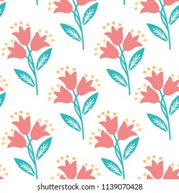 Vector seamless pattern with flower bells. Illustration of spring flowers on a dark blue background. Cute textile backdrop. For gingham background, cover, print on tile, banners, wallpaper.