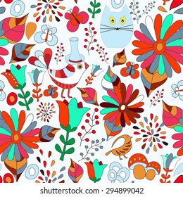 vector seamless pattern with flower, bird and butterfly, cartoon doodling design. summer background.