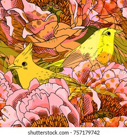 Vector seamless pattern with flower and birds 