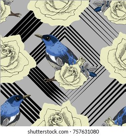 Vector seamless pattern with flower and birds 2