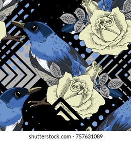 Vector seamless pattern with flower and birds 1