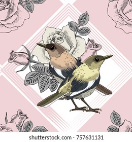 Vector seamless pattern with flower and birds 13