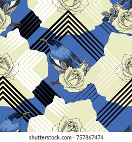 Vector seamless pattern with flower and birds 3