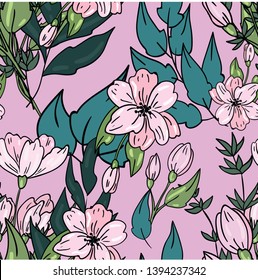 Vector seamless pattern with flower, blossom with leaves  on pink background. Good for printing. Wallpaper, textile and fabric design. Wrapping paper pattern. Cute floral pattern.