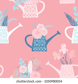 Vector seamless pattern, flower bouquets in watering cans