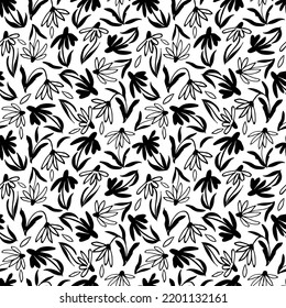  Vector seamless pattern  with Flower  brush strokes echinacea. . Black flowers with leaves on stems hand drawn painted by brush. Ink texture with foliage and meadow flowers. Botanical ink ornament
