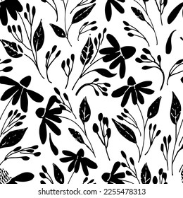  Vector seamless pattern  with Flower  brush strokes echinacea.  Black flowers with leaves on stems hand drawn painted by brush. Ink texture with foliage and meadow flowers. Botanical ink ornament
