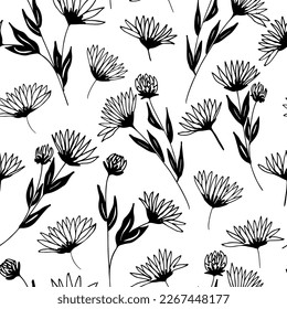 Vector seamless pattern with flower brush strokes echinacea. Black flowers with leaves on stems hand drawn painted by brush in the style doodle.  Botanical ink ornament