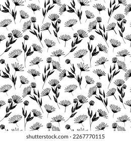 Vector seamless pattern with flower brush strokes echinacea. Black flowers with leaves on stems hand drawn painted by brush in the style doodle.  Botanical ink ornament