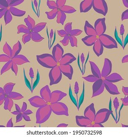 Vector seamless pattern of flower buds and sprigs of lavender with leaves. Botanical illustration for fabrics, textiles, wallpaper, paper, invitations, cards, backgrounds. Hand drawing