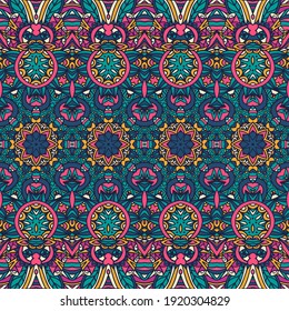 Vector seamless pattern flower colorful ethnic tribal geometric psychedelic gypsy print. Wallpaper and textile repeat rapport.