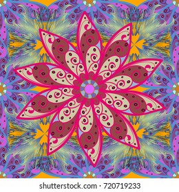 Vector seamless pattern flower design in blue, magenta, neutral colors. Floral seamless pattern with watercolor effect. Textile print for bed linen, jacket, package design, fabric and fashion concepts