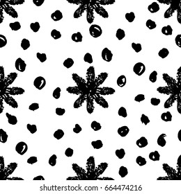 Vector seamless pattern with flower and dot dry brush strokes/ Hand drawn texture/ Abstract background in black and white