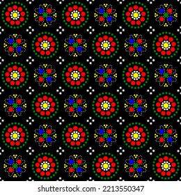 vector: seamless pattern. Flower pattern with dots in colors red, green, yellow, blue and white. the pattern is based on the staphorster stipwerk folklore patterns for fabric (the Netherlands)