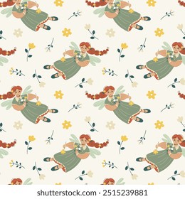 Image vectorielle motif harmonieux de fée de fleur et de fleurs. Joli dessin animé fille fantastique volant. Joli fond d'écran de caractère pour enfants. Texture répétée pour textile ou papier d'emballage. Ornement d'été.