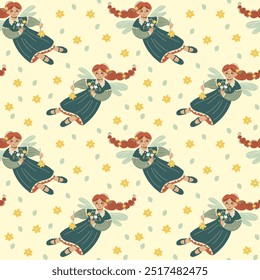 Image vectorielle motif harmonieux de fleur fée volante et fleurs simples. Filles fantastiques mignonnes avec bouquet. Joli fond d'écran de personnage de dessin animé. Texture répétée pour les enfants textiles.