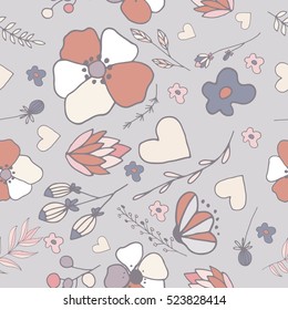 Vector seamless pattern with flower, leaves and heart in doodle style. Wildflowers and herbs print