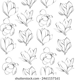  fleur de Image vectorielle harmonieuse de Magnolia. Flore graphique florissante. Printemps de Paris. Ligne dessinée à la main, silhouette noire pour circuit, impression, tissu