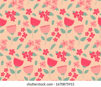 Vector seamless pattern of flower meadow. Pastel colors of red and green. Sketch textile, background, wrapping paper design, packaging. Eps 8.