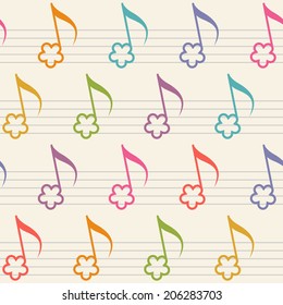 Vector seamless pattern with flower notes. Musical background in childish style. Illustration with concept of merry melody for print, web