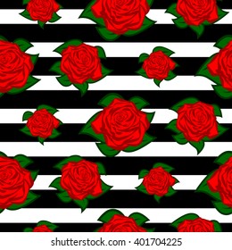 Vector seamless pattern, flower on a background of black and white stripes fashion background.