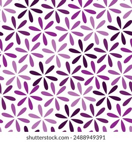 Vector seamless pattern with flower petals, shades of purple, floral-like design with symmetrical arrangements of purple petals against a white background, violet flower