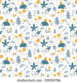 Vector seamless pattern with flower, plant, acorn, hedgehog, tree.Seamless texture can used for wallpapers, pattern fills, web page, surface texturesmSurface pattern design for baby pajamas or clothes