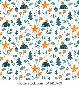 Vector seamless pattern with flower, plant, acorn, hedgehog, tree.  texture  for wallpapers, pattern fills, web page. Surface pattern design for baby pajamas or clothes