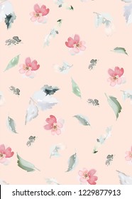 Vector seamless pattern with flower and plants in watercolor style.