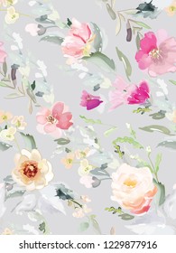 Vector seamless pattern with flower and plants in watercolor style.