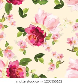 Vector seamless pattern with flower and plants in watercolor style.