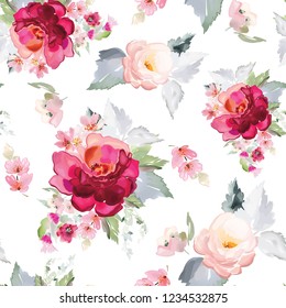 Vector seamless pattern with flower and plants in watercolor style.