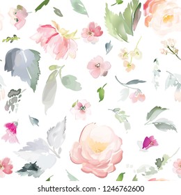 Vector seamless pattern with flower and plants in watercolor style.