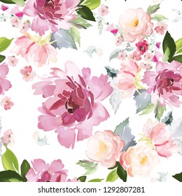 Vector seamless pattern with flower and plants in watercolor style.