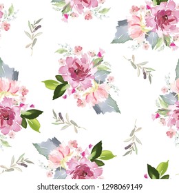 Vector seamless pattern with flower and plants in watercolor style.