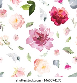 Vector seamless pattern with flower and plants in watercolor style.