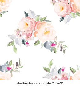Vector seamless pattern with flower and plants in watercolor style.