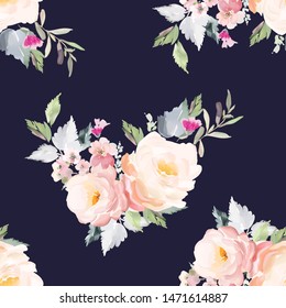 Vector seamless pattern with flower and plants in watercolor style on a dark background