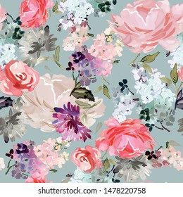 Vector seamless pattern with flower and plants in watercolor style on gray-blue background