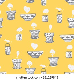 Vector seamless pattern with flower pots. Ornament, wallpaper, yellow background